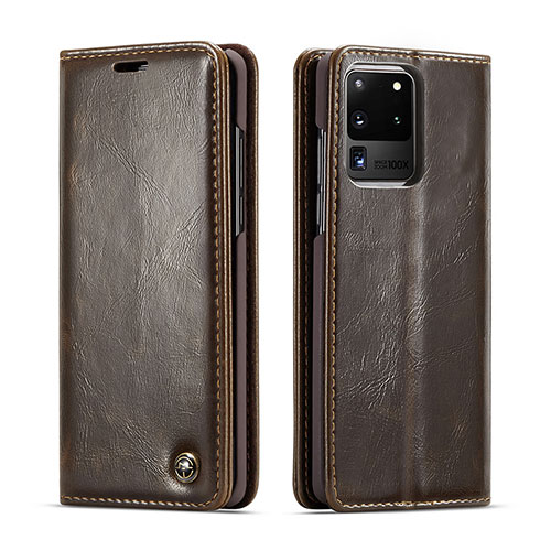 Leather Case Stands Flip Cover Holder C03S for Samsung Galaxy S20 Ultra 5G Brown