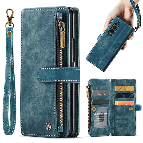 Leather Case Stands Flip Cover Holder C04S for Samsung Galaxy Z Fold3 5G Blue