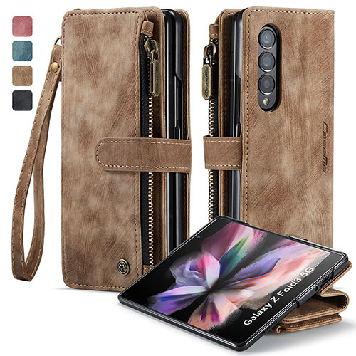 Leather Case Stands Flip Cover Holder C05S for Samsung Galaxy Z Fold3 5G Brown