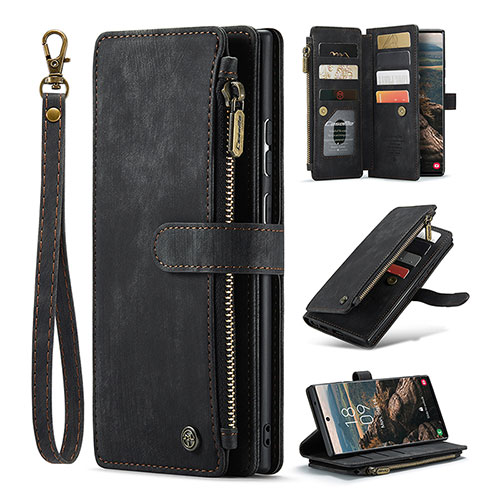 Leather Case Stands Flip Cover Holder C07S for Samsung Galaxy S21 Ultra 5G Black