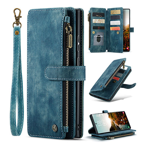 Leather Case Stands Flip Cover Holder C07S for Samsung Galaxy S21 Ultra 5G Blue