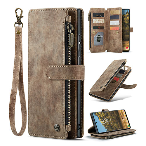 Leather Case Stands Flip Cover Holder C07S for Samsung Galaxy S24 Ultra 5G Brown