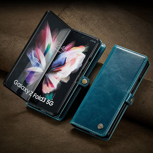 Leather Case Stands Flip Cover Holder CS3 for Samsung Galaxy Z Fold3 5G Blue