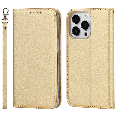 Leather Case Stands Flip Cover Holder D01T for Apple iPhone 15 Pro Max Gold