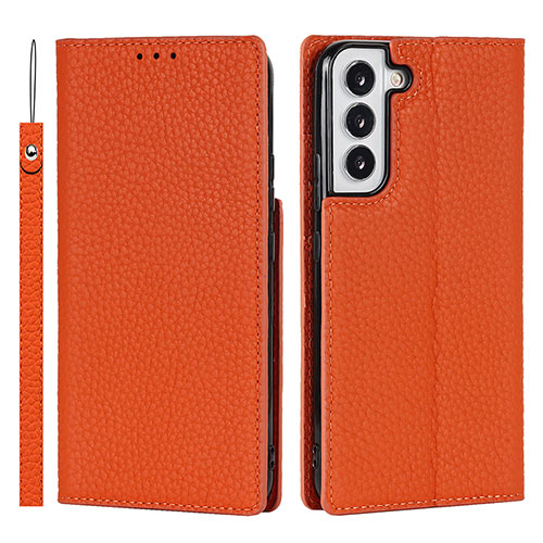 Leather Case Stands Flip Cover Holder D01T for Samsung Galaxy S21 5G Orange