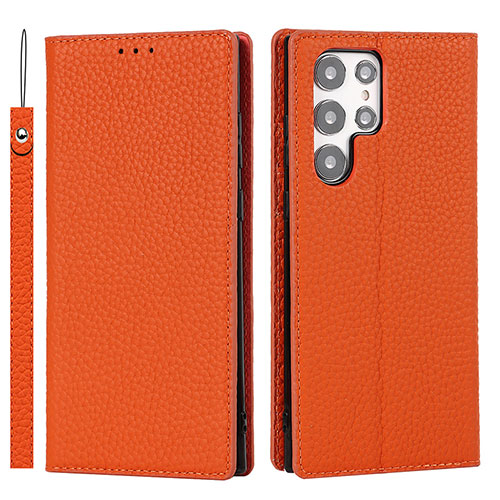 Leather Case Stands Flip Cover Holder D01T for Samsung Galaxy S21 Ultra 5G Orange