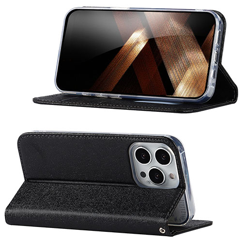 Leather Case Stands Flip Cover Holder D02T for Apple iPhone 14 Pro Black