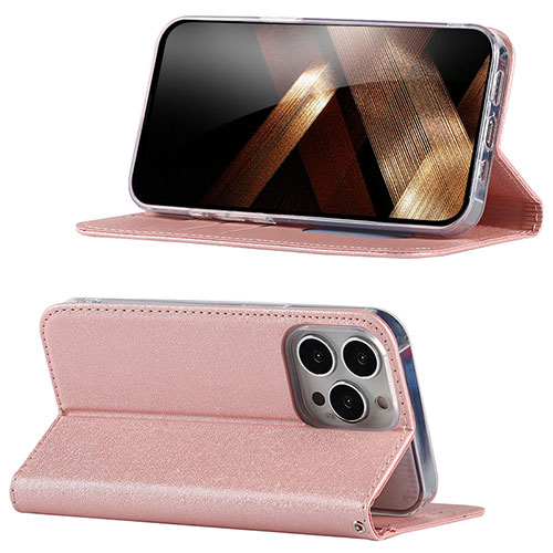 Leather Case Stands Flip Cover Holder D02T for Apple iPhone 15 Pro Pink