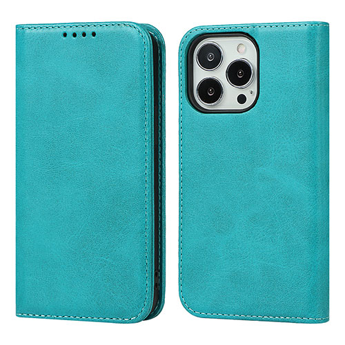 Leather Case Stands Flip Cover Holder D04T for Apple iPhone 13 Pro Max Cyan