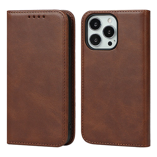 Leather Case Stands Flip Cover Holder D04T for Apple iPhone 15 Pro Max Brown