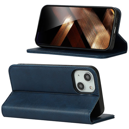 Leather Case Stands Flip Cover Holder D05T for Apple iPhone 15 Blue