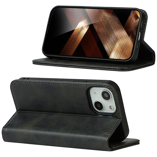 Leather Case Stands Flip Cover Holder D05T for Apple iPhone 15 Plus Black