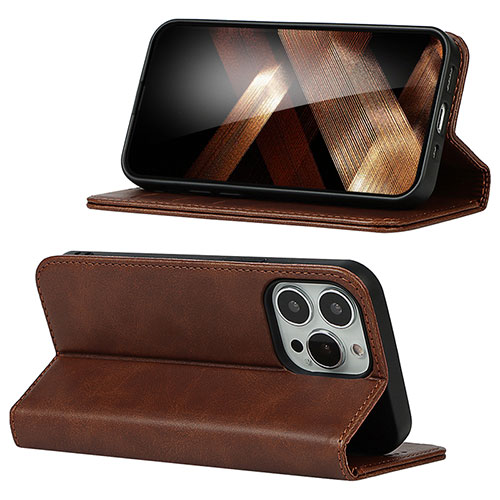 Leather Case Stands Flip Cover Holder D05T for Apple iPhone 15 Pro Max Brown