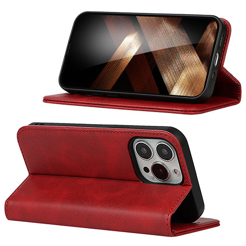 Leather Case Stands Flip Cover Holder D05T for Apple iPhone 15 Pro Max Red