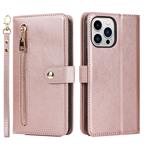 Leather Case Stands Flip Cover Holder D06T for Apple iPhone 15 Pro Rose Gold