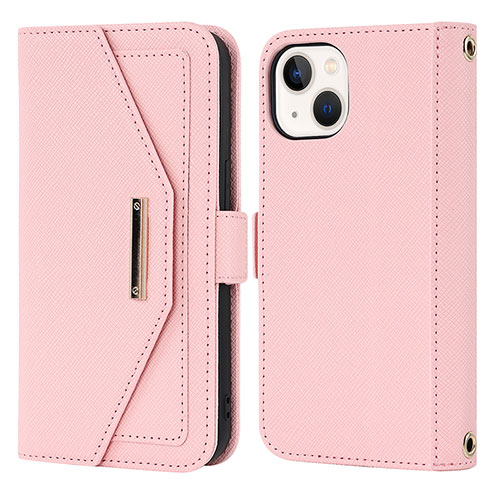 Leather Case Stands Flip Cover Holder D07T for Apple iPhone 15 Plus Rose Gold