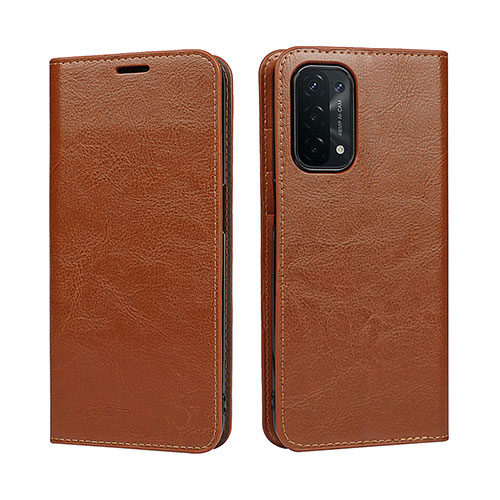 Leather Case Stands Flip Cover Holder D07T for Oppo A74 5G Light Brown