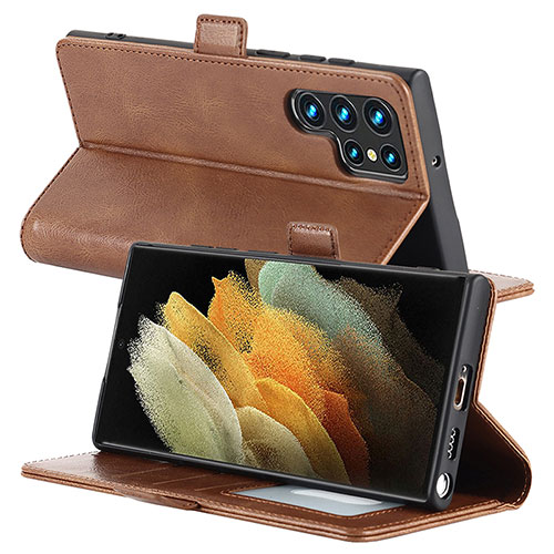 Leather Case Stands Flip Cover Holder D10T for Samsung Galaxy S23 Ultra 5G Brown