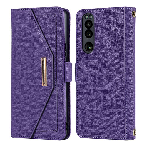 Leather Case Stands Flip Cover Holder DT1 for Sony Xperia 5 III SO-53B Purple