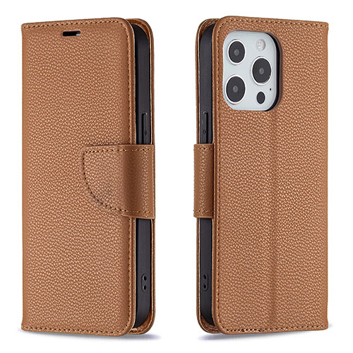 Leather Case Stands Flip Cover Holder for Apple iPhone 13 Pro Brown