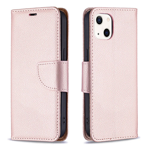 Leather Case Stands Flip Cover Holder for Apple iPhone 15 Plus Rose Gold