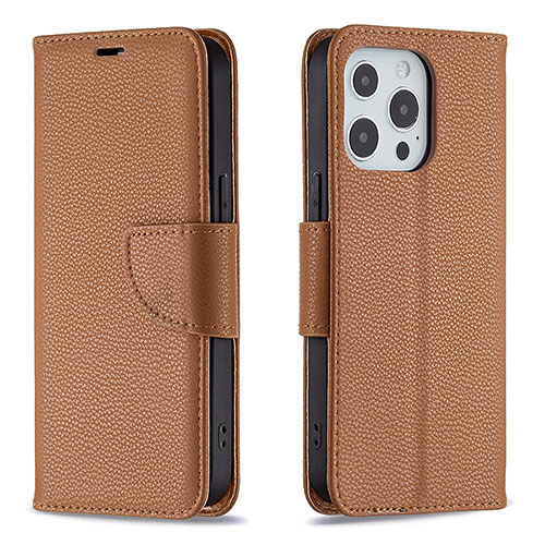 Leather Case Stands Flip Cover Holder for Apple iPhone 15 Pro Brown