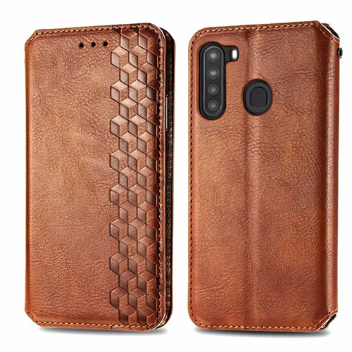 Leather Case Stands Flip Cover Holder for Samsung Galaxy A21 Brown