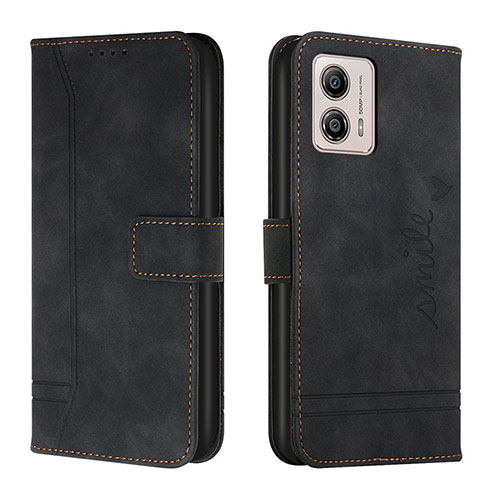 Leather Case Stands Flip Cover Holder H01X for Motorola Moto G53 5G Black