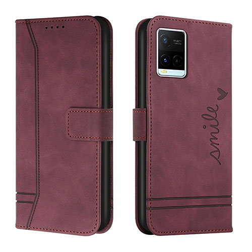 Leather Case Stands Flip Cover Holder H01X for Vivo Y21 Red