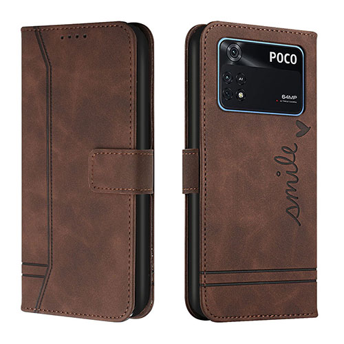 Leather Case Stands Flip Cover Holder H01X for Xiaomi Poco M4 Pro 4G Brown