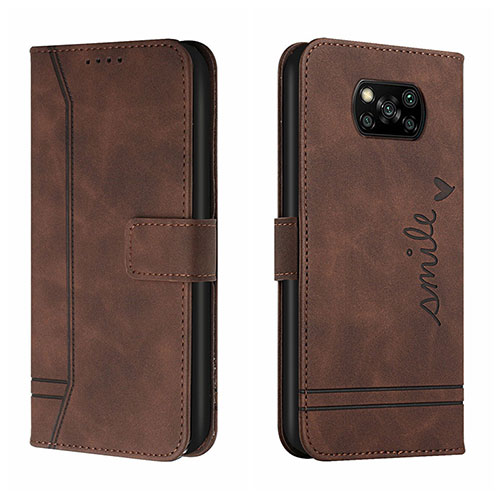 Leather Case Stands Flip Cover Holder H01X for Xiaomi Poco X3 Brown