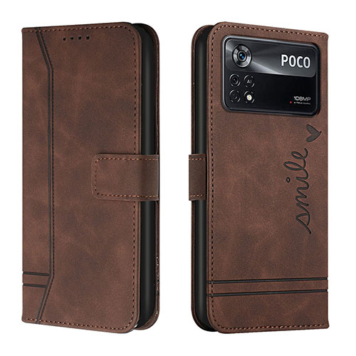 Leather Case Stands Flip Cover Holder H01X for Xiaomi Poco X4 Pro 5G Brown