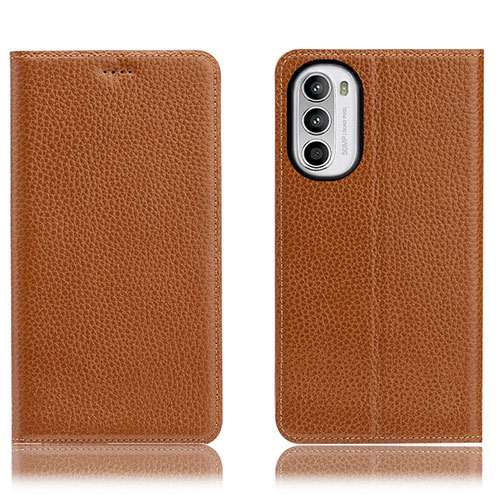 Leather Case Stands Flip Cover Holder H02P for Motorola Moto Edge (2022) 5G Light Brown