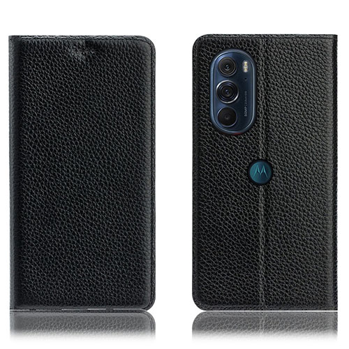 Leather Case Stands Flip Cover Holder H02P for Motorola Moto Edge 30 Pro 5G Black