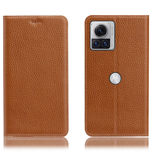 Leather Case Stands Flip Cover Holder H02P for Motorola Moto Edge 30 Ultra 5G Light Brown