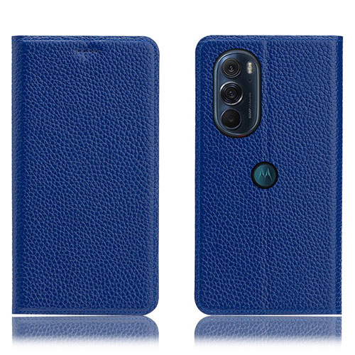 Leather Case Stands Flip Cover Holder H02P for Motorola Moto Edge Plus (2022) 5G Blue