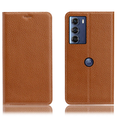 Leather Case Stands Flip Cover Holder H02P for Motorola Moto Edge S30 5G Light Brown