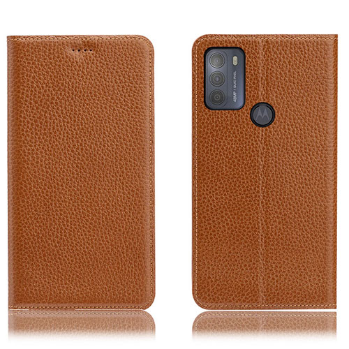 Leather Case Stands Flip Cover Holder H02P for Motorola Moto G50 Light Brown