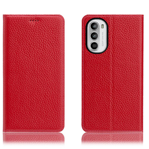 Leather Case Stands Flip Cover Holder H02P for Motorola Moto G71s 5G Red