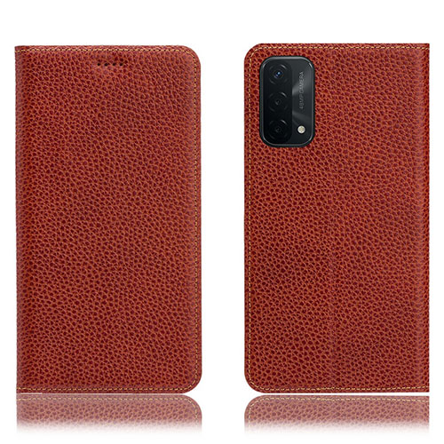 Leather Case Stands Flip Cover Holder H02P for Oppo A54 5G Brown