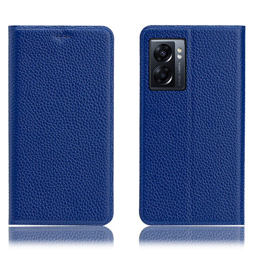 Leather Case Stands Flip Cover Holder H02P for Oppo A56S 5G Blue