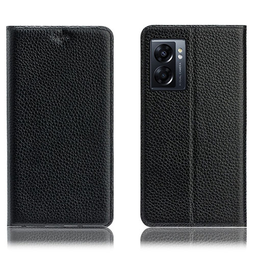 Leather Case Stands Flip Cover Holder H02P for Oppo A57 5G Black
