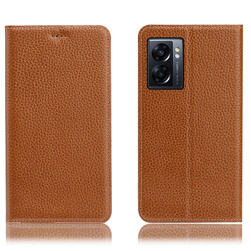 Leather Case Stands Flip Cover Holder H02P for Oppo A57 5G Light Brown
