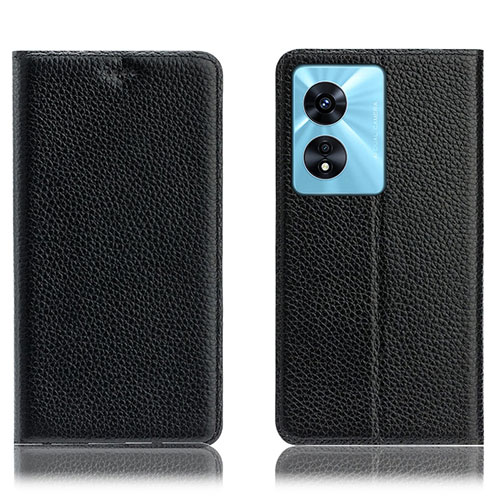 Leather Case Stands Flip Cover Holder H02P for Oppo A58x 5G Black