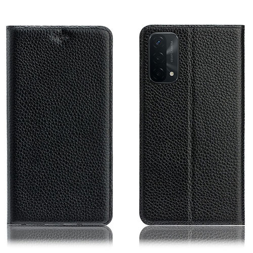 Leather Case Stands Flip Cover Holder H02P for Oppo A74 5G Black