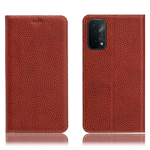 Leather Case Stands Flip Cover Holder H02P for Oppo A74 5G Brown