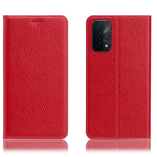 Leather Case Stands Flip Cover Holder H02P for Oppo A74 5G Red