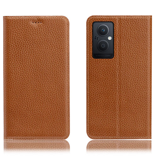 Leather Case Stands Flip Cover Holder H02P for Oppo A96 5G Light Brown