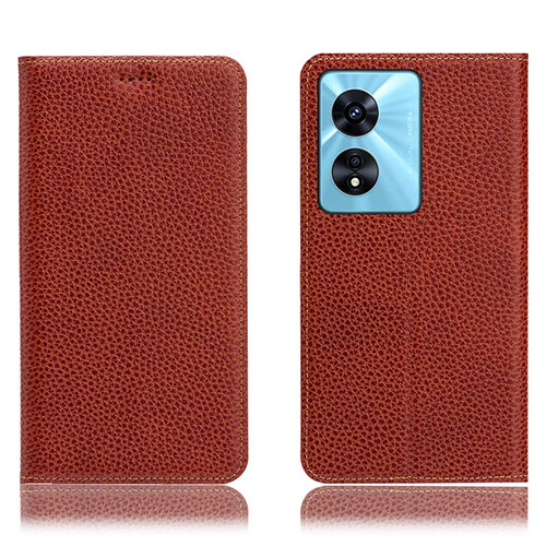 Leather Case Stands Flip Cover Holder H02P for Oppo F23 5G Brown