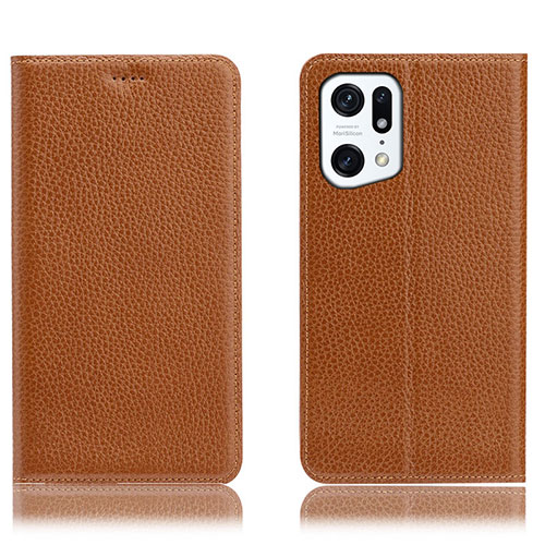 Leather Case Stands Flip Cover Holder H02P for Oppo Find X5 5G Light Brown